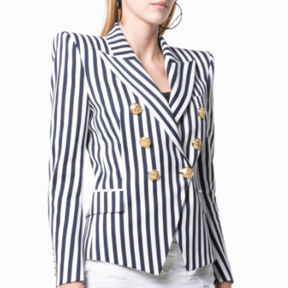 Balmain Blue Striped Double Breasted Blazer